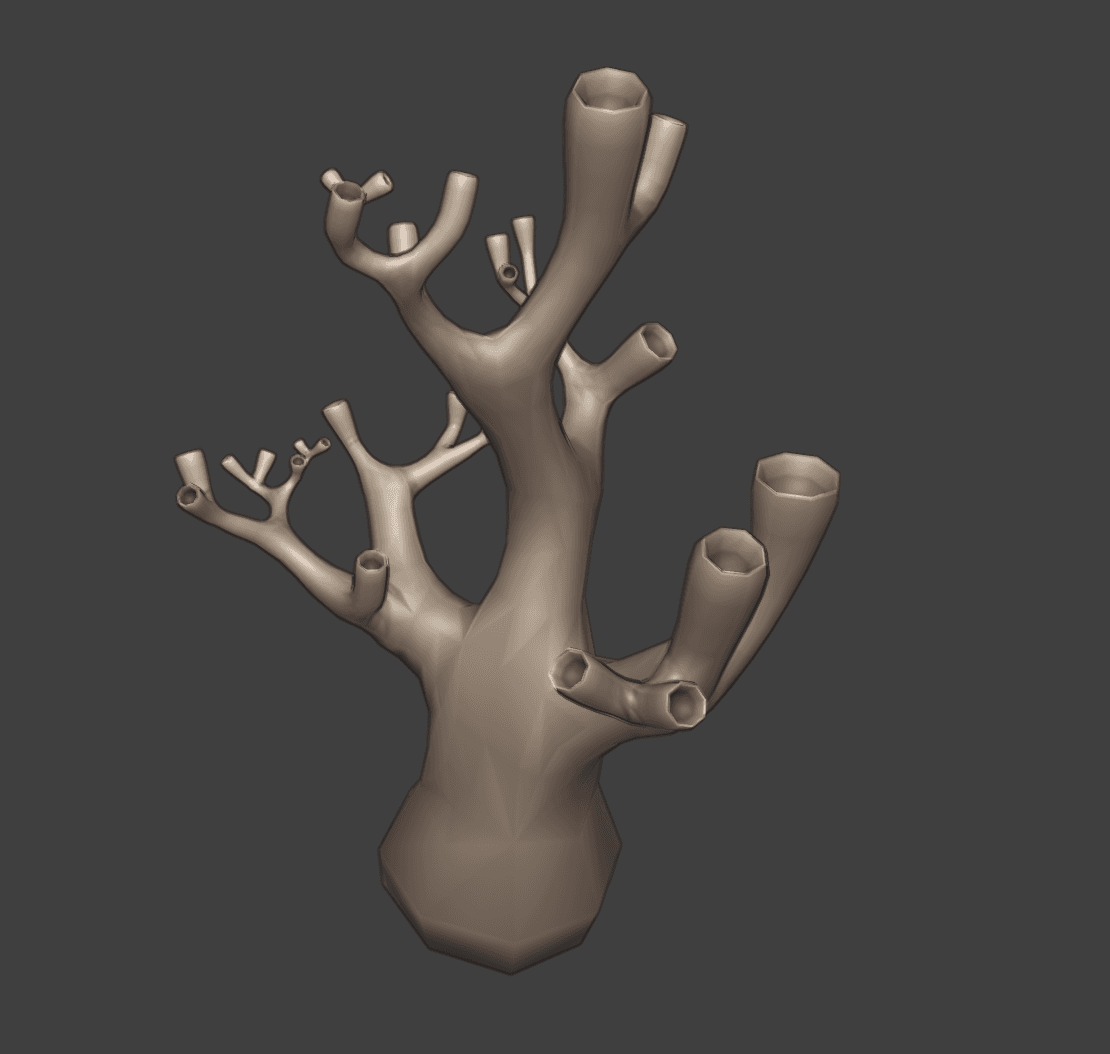 An untextured branching coral model on a dark background.