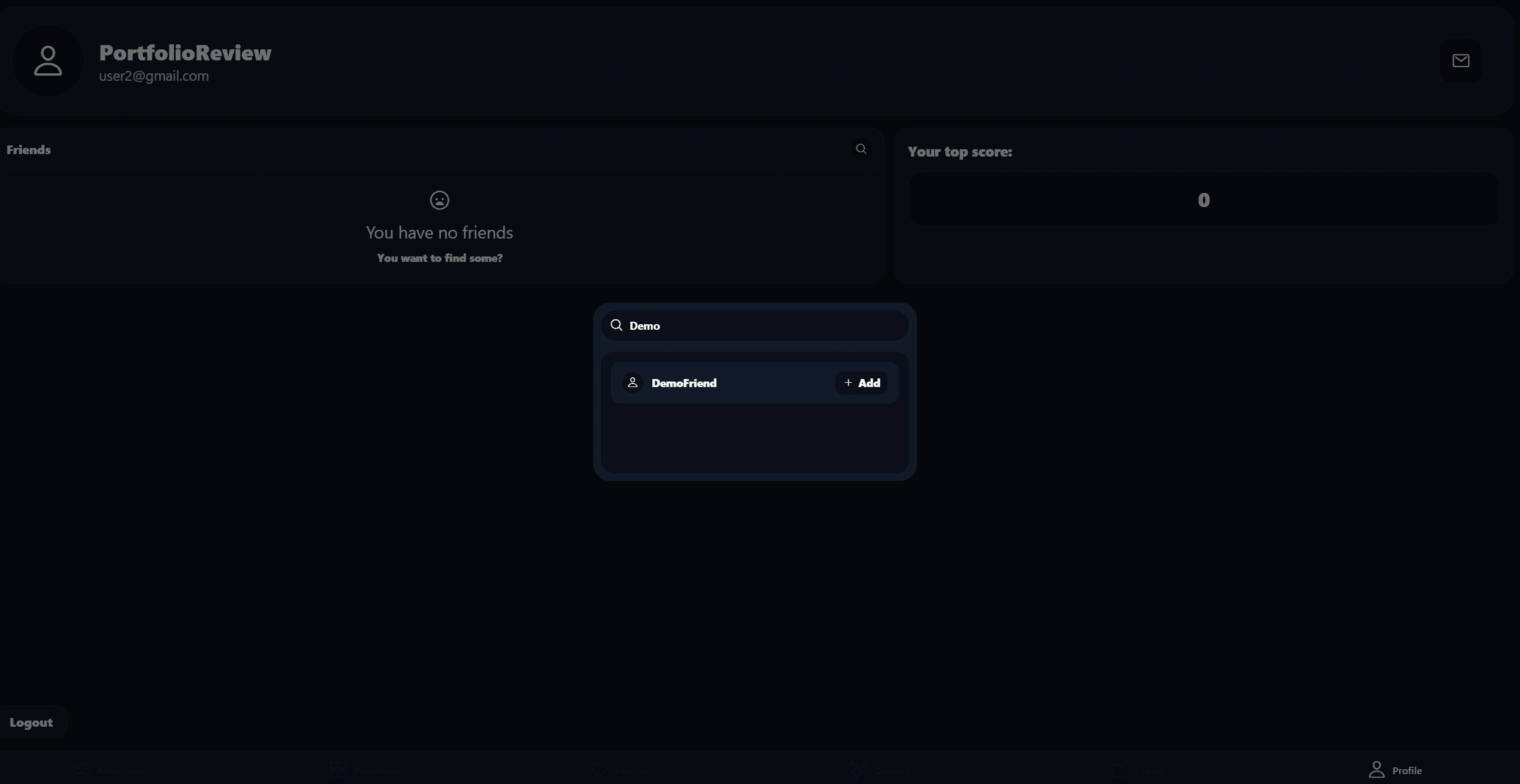 The profile friend-search popup finds the local DemoFriend account and offers an add action.