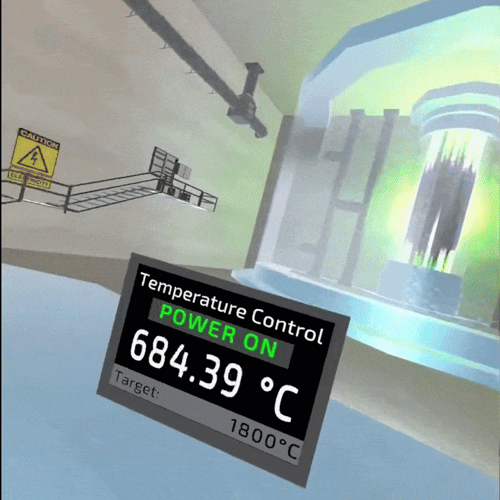 A first-person VR interaction with a glowing reactor and its controls.