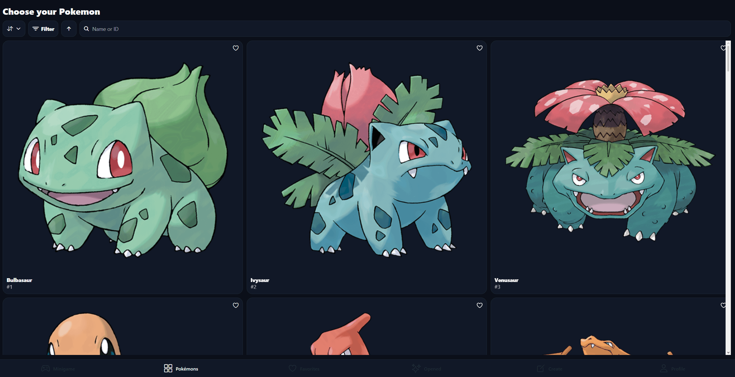 The Pokémon catalogue displays three cards across, with search, sorting, type filters and favorite controls.