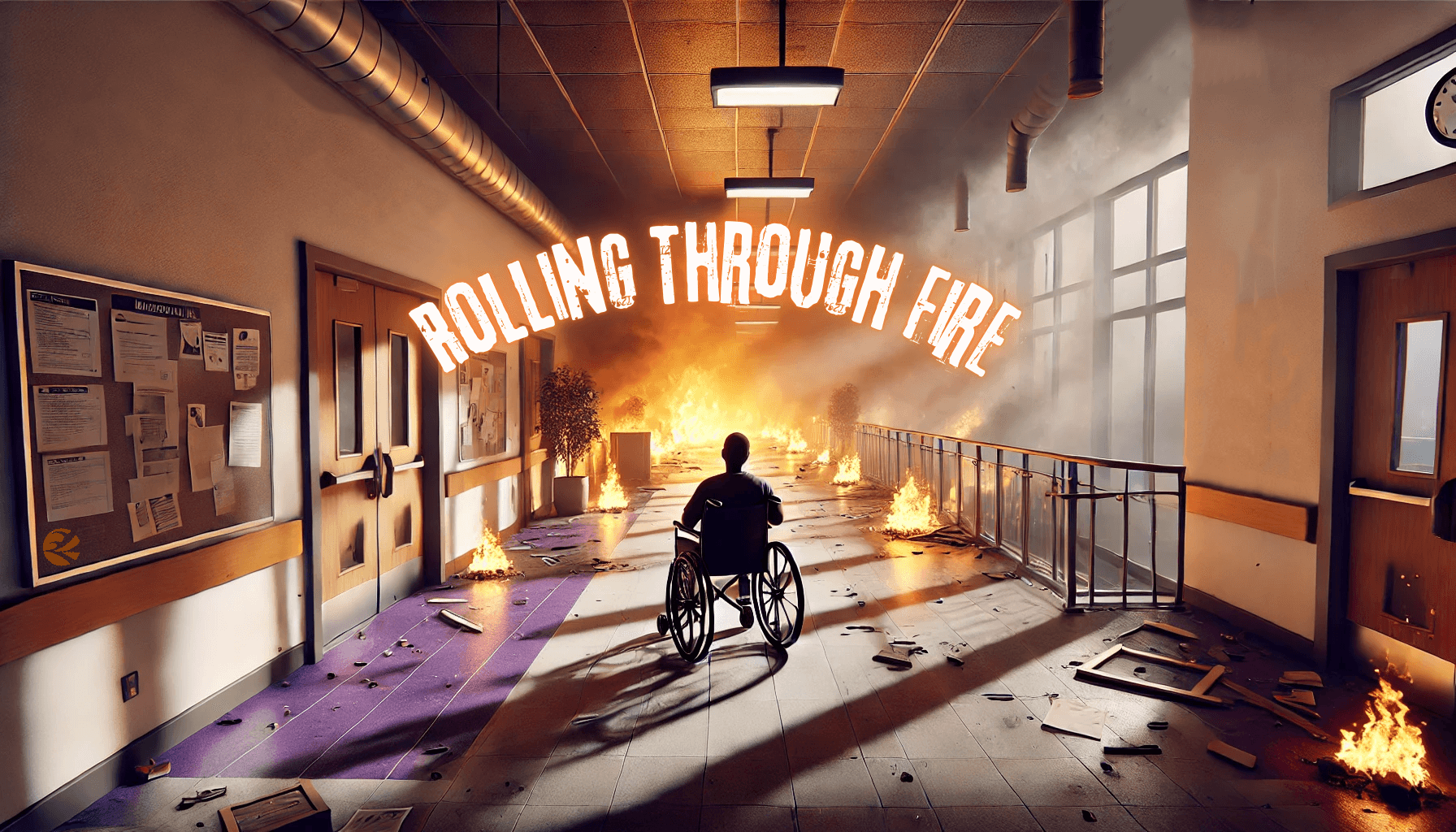Rolling Through Fire title artwork showing a wheelchair user in a burning corridor; promotional illustration, not gameplay.