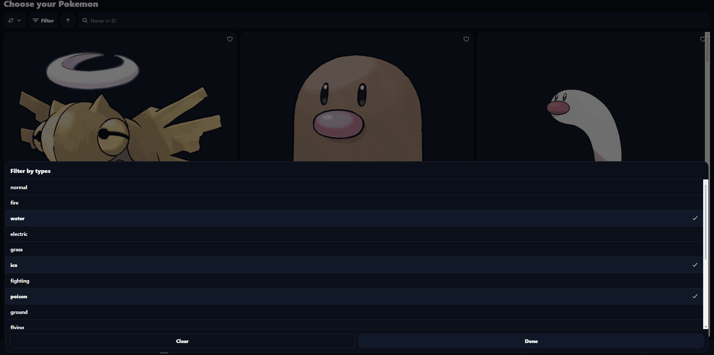 The type-filter popup shows selectable Pokémon types, selection indicators and clear and done controls.