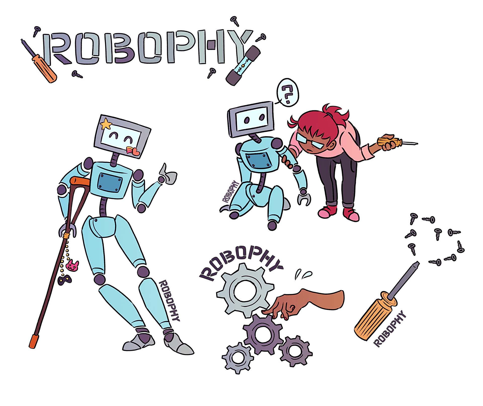 ROBOPHY title with illustrated robots and repair tools.