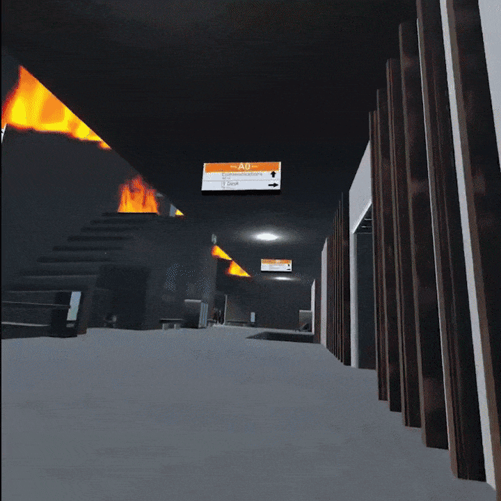 A red-lit interior in the wheelchair fire-escape game.