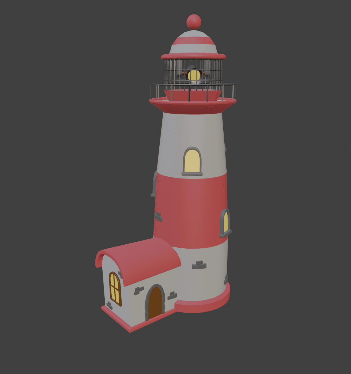 A red and pale lighthouse with an attached entrance building.