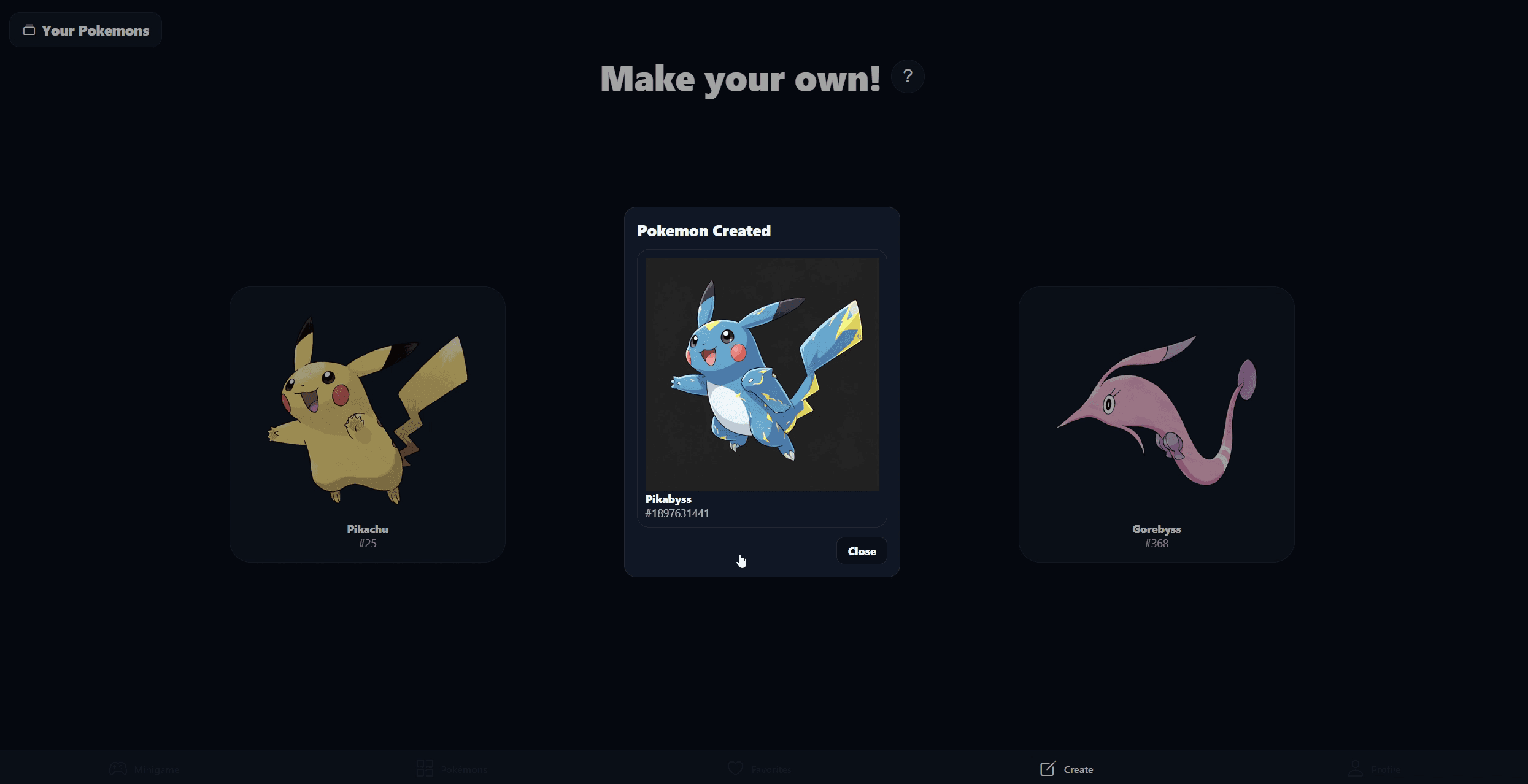The creation recording combines Pikachu and Gorebyss and opens the newly generated Pokémon.