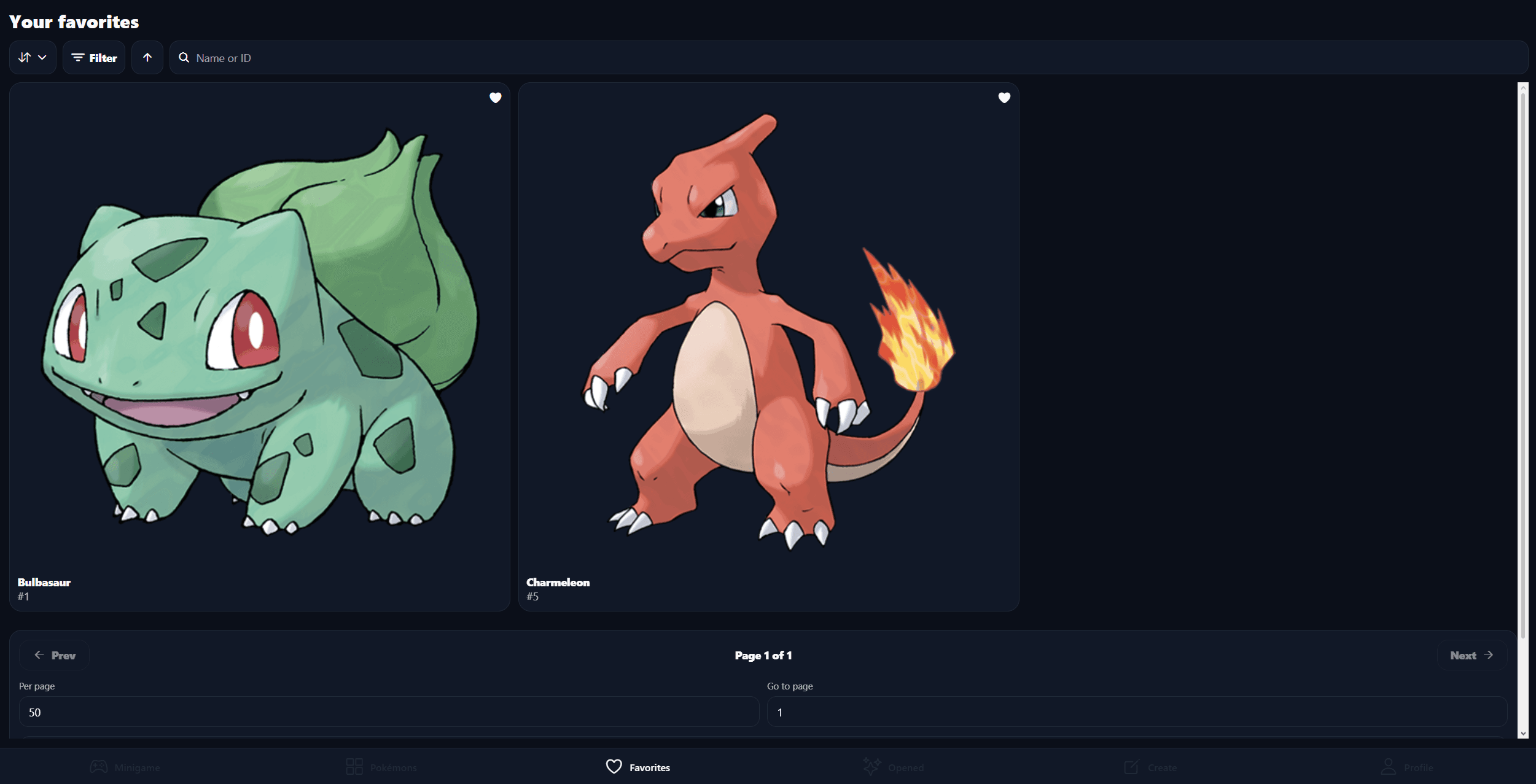 The favorites page shows saved Bulbasaur and Charmeleon cards with filled favorite hearts.