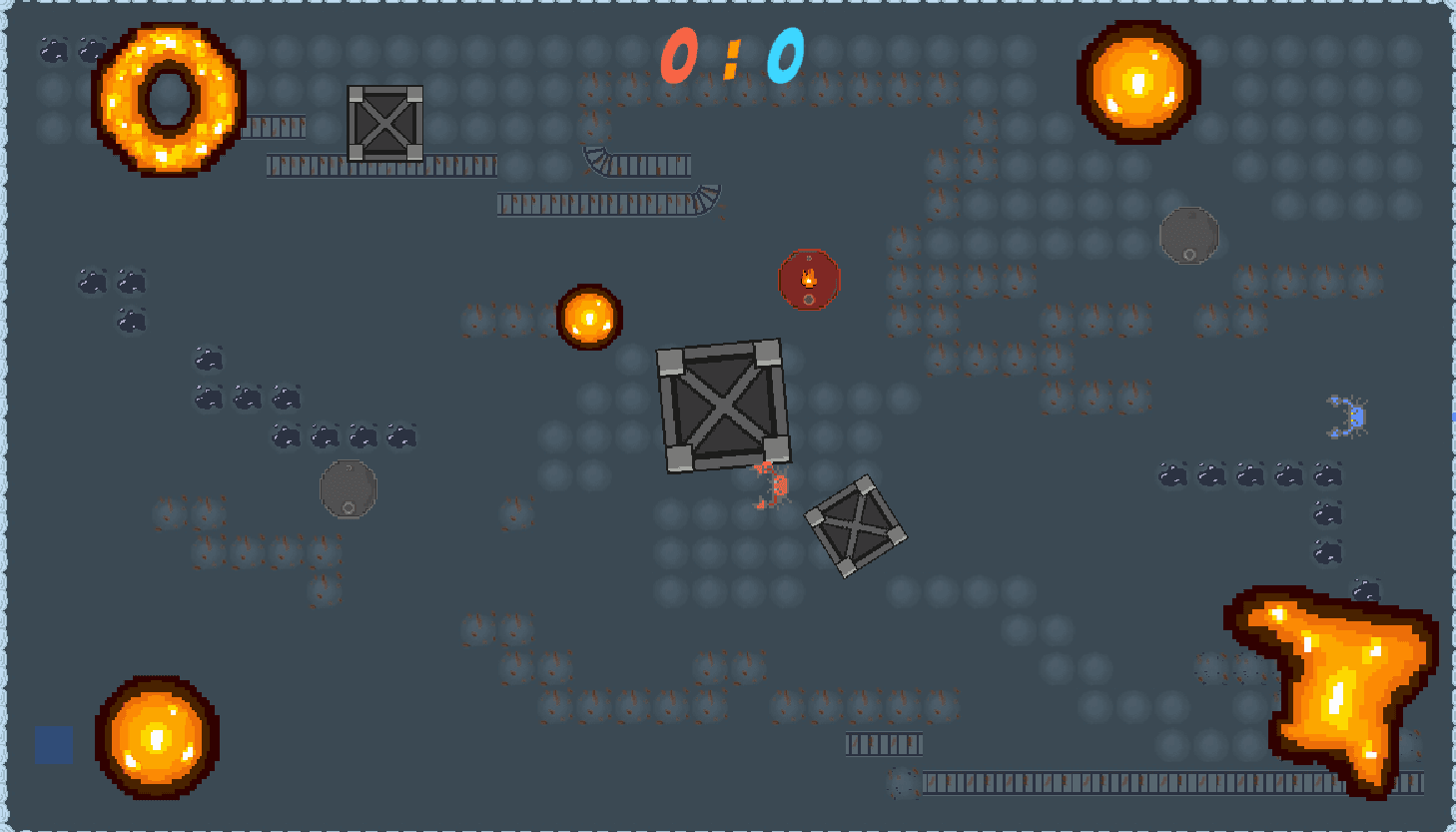 Red and blue player robots in a top-down arena with crates, barrels and glowing lava holes.