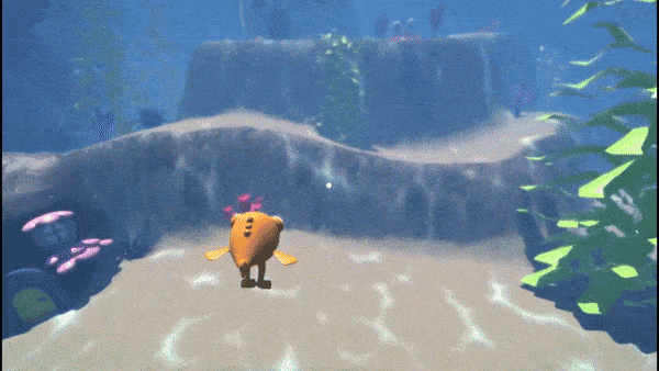 The fish character beside a crab, with an interaction prompt on screen.