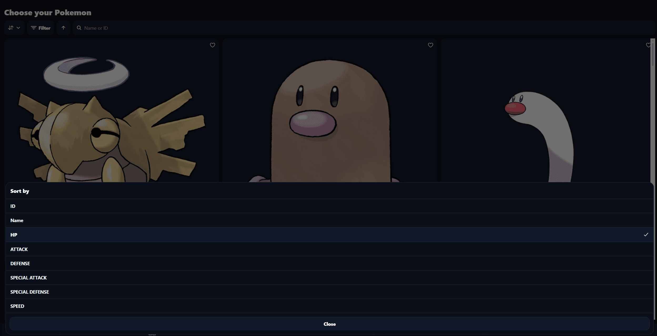 The catalogue sorting menu lists ID, name and Pokémon statistics, with HP selected.