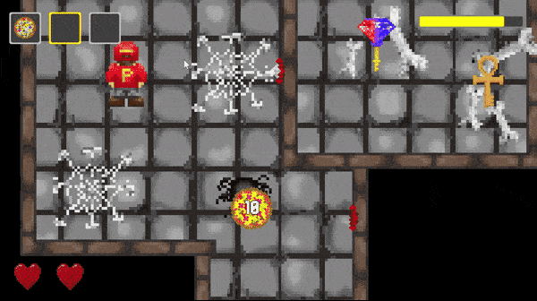Pixel-art dungeon gameplay featuring the pizza delivery character and a spider.