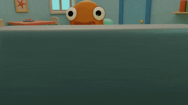 An animated scene showing the fish character indoors.