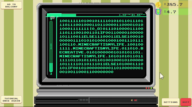 A green-text minigame in Desktopy's retro computer interface.