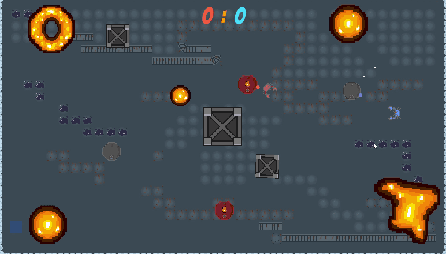 Two player robots slide, move crates and avoid lava holes across changing arena layouts.