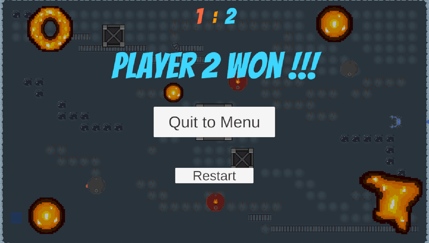 The arena with a Player 2 won message, a one-to-two score, and restart and quit-to-menu options.