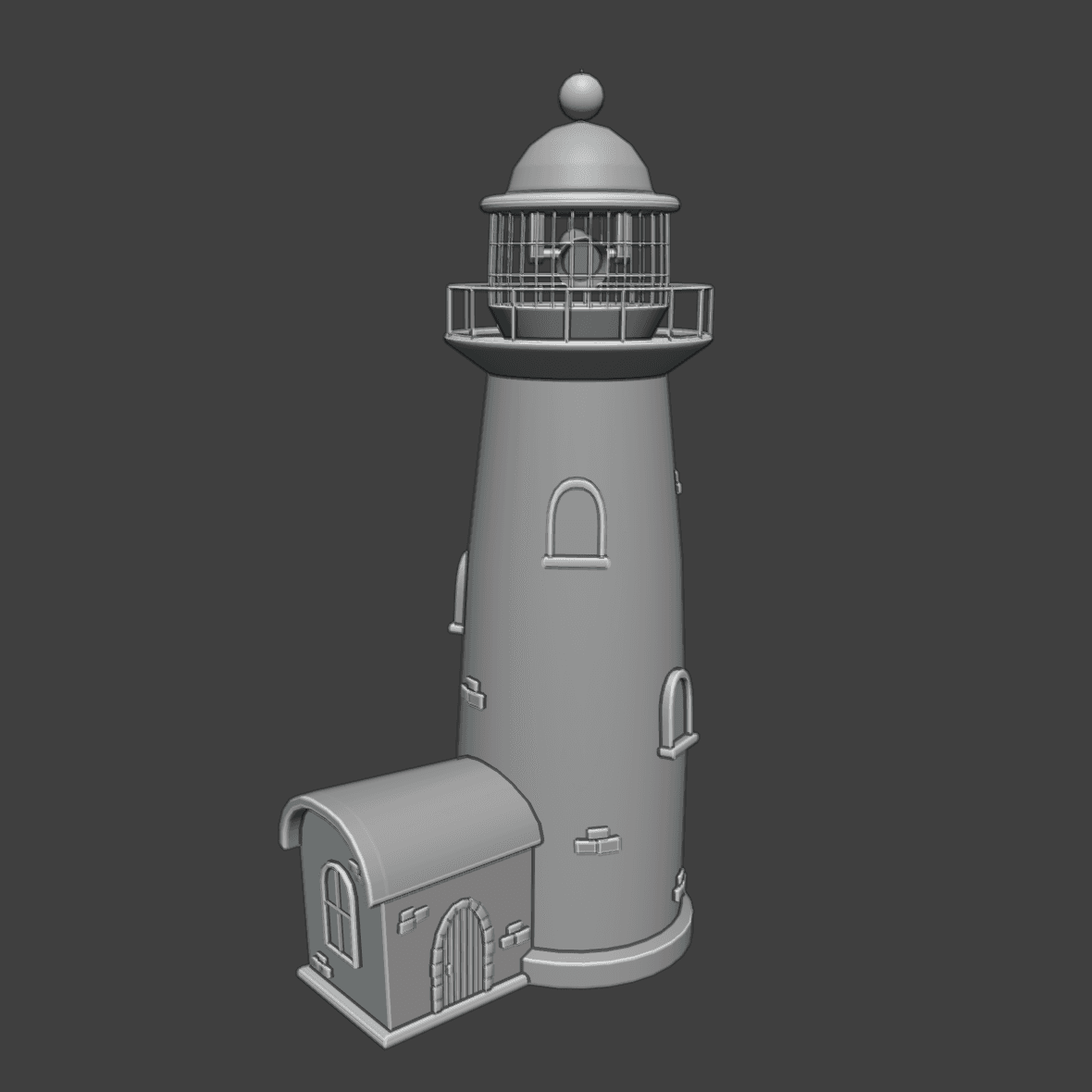 An untextured lighthouse with a small attached building.