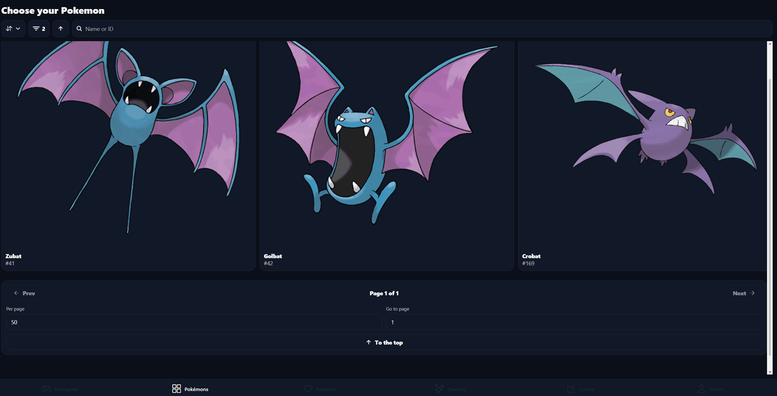 A filtered catalogue shows Zubat, Golbat and Crobat, with pagination controls below.