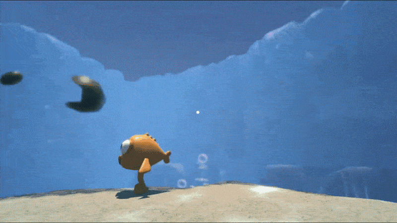 An orange fish with legs moving through a blue underwater environment.