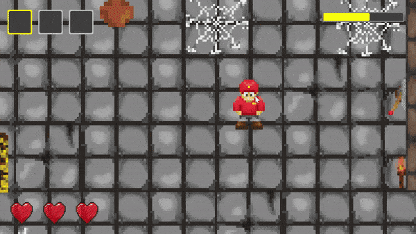 A pixel-art character navigating a tiled dungeon with spiders and obstacles.